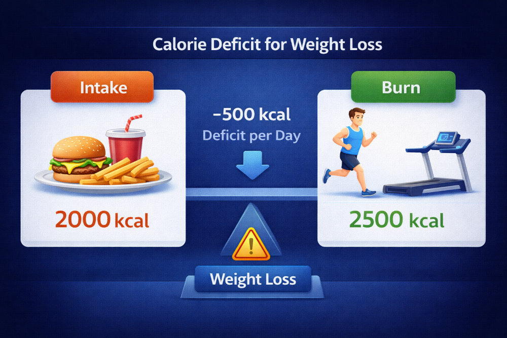 Calorie deficit illustration for weight loss showing intake vs burn chart